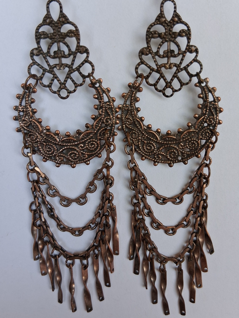 Vintage Boho Filigree Copper-Tone Chandelier Pierced Earrings